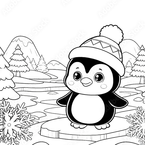 Adorable Baby Penguin in a Winter Wonderland Holding a Festive Scarf
