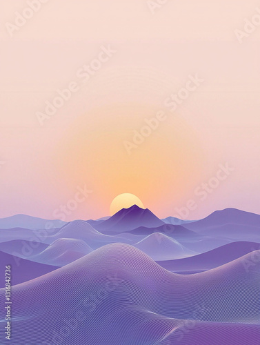 Minimalist Digital Landscape with Sunset and Rolling Hills