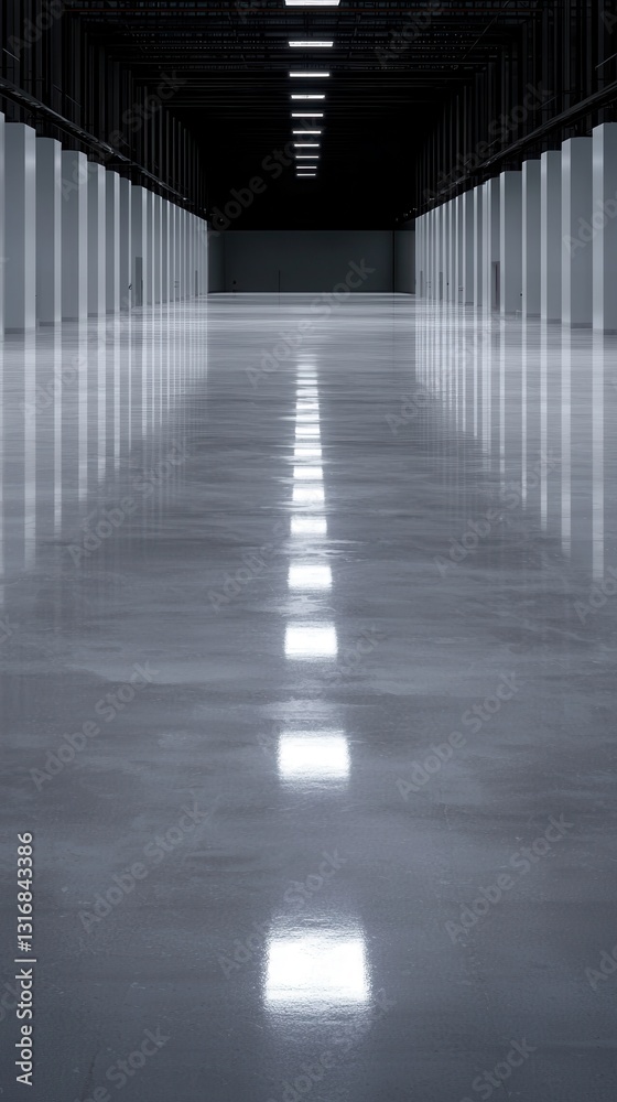 custom made wallpaper toronto digitalModern Warehouse Interior with Reflective Floor and Ceiling Lights Empty Space Perspective