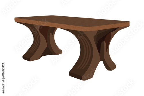 Wooden table illustration with curved legs, rustic brown furniture design for decor