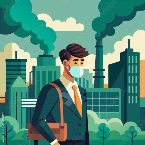 Businessman in a Polluted City with Industrial Smog – Environmental Crisis Illustration