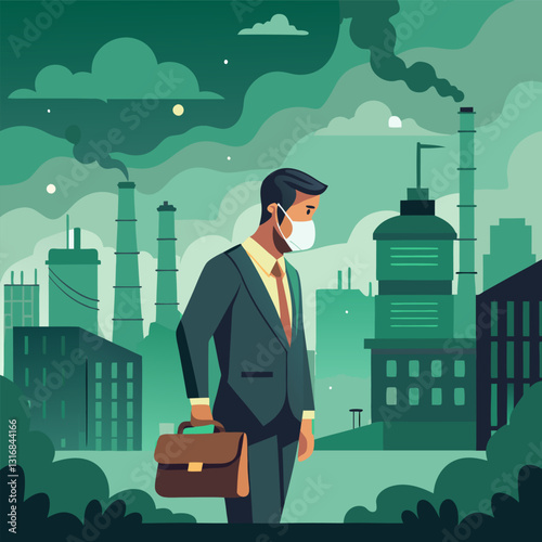 Businessman in a Polluted City with Industrial Smog – Environmental Crisis Illustration