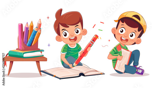 Happy kid studying, learning, vector cartoon character, school, young student, childhood education, smart child, knowledge, school life, bright kid, focus on study