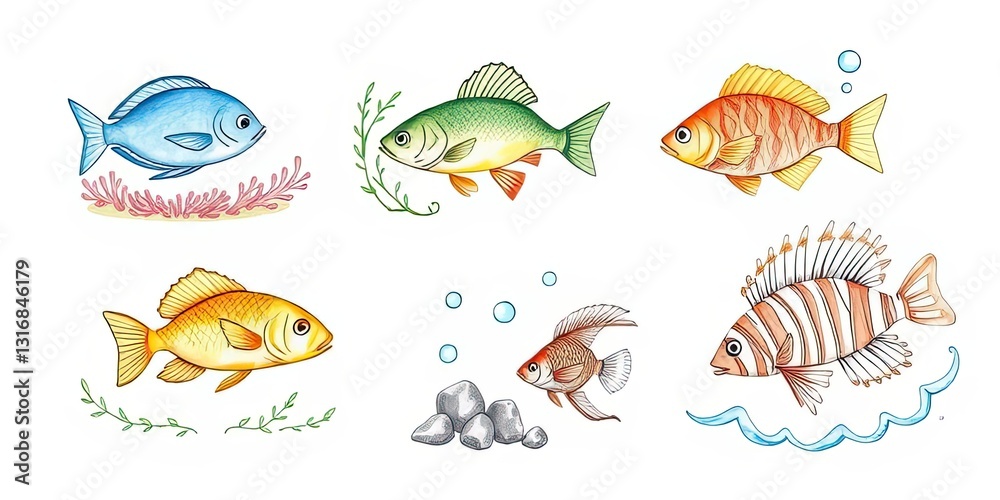 Naklejka premium Colorful Fish Illustration Aquarium Underwater Marine Life Tropical Fish Ocean Sea Nature Cartoon