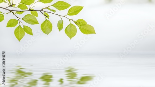 Green Leaves Branch Reflecting on Calm Water