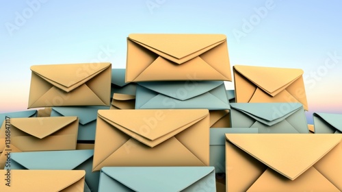 Many Tan and Light Blue Envelopes Piled High Against a Soft Sky