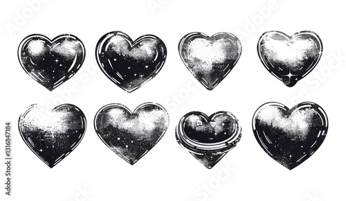 Cosmic grain halftone kit, vector y2k retro futuristic love shapes, heart print art, February Valentine stamps, silver grunge noise shape, dot texture space sticker, chrome photocop