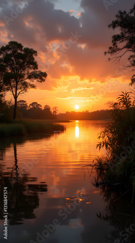 Sunset Over the Tranquil River Delta: A Serene Landscape with Warm Hues and the Enchanting Glow of Fading Light