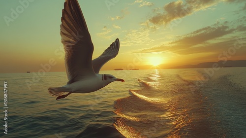 Seagull in Flight over Ocean Sunset