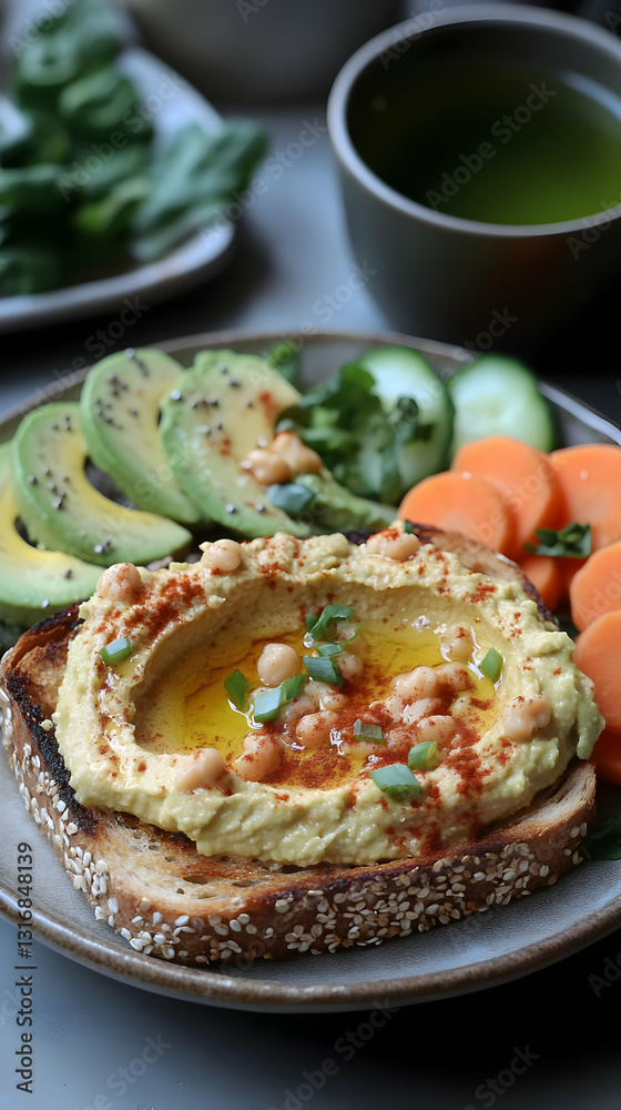 Hummus And Avocado Toast Plate With Vegetables Hummus And Avocado Toast Plate With Vegetables