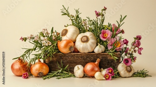 Italy’s Aromatic Bounty – Fresh Onions, Garlic, and Rosemary with Vibrant Wildflowers in a Rustic Wooden Crate for Culinary Blogs, Farm Markets, and Mediterranean Kitchen Designs photo