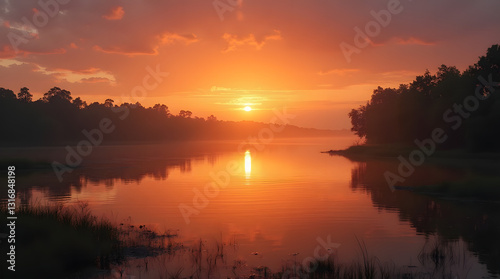 Sunset Over the Tranquil River Delta: A Serene Landscape with Warm Hues and the Enchanting Glow of Fading Light