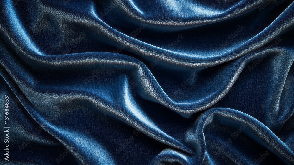 Smooth and flowing deep blue satin fabric cascades and folds over itself, creating an elegant texture that shimmers as it catches the light, evoking a sense of luxury and sophistication Smooth and flowing deep blue satin fabric cascades and folds over itself, creating an elegant texture that shimmers as it catches the light, evoking a sense of luxury and sophistication