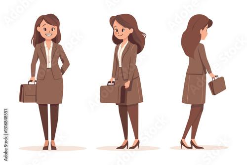 set of Business woman holding a briefcase, smiling, Flat style cartoon vector illustration