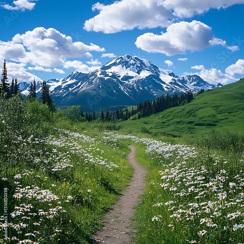 Mountain meadow trail with wildflowers.