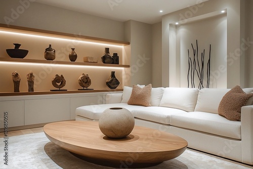 A modern interior design of the living room with LED-lit shelves and interior decorations on the walls, as well as a sofa and coffee table. Generative AI
