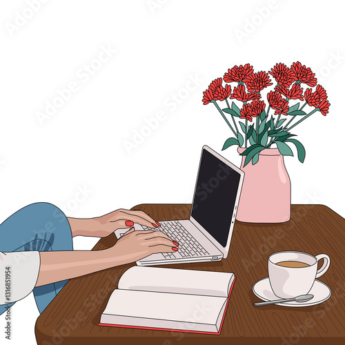 Isolated Cozy Workspace with Flowers and Laptop Illustration