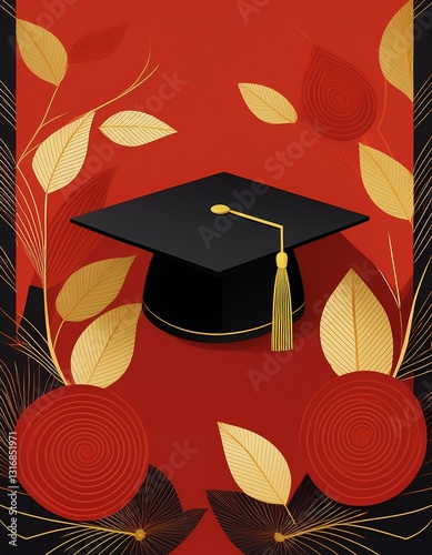 A bold graduation design featuring a black cap against a red and gold background with elegant leaf accents. Great for invitations, graduation cards, and announcements.