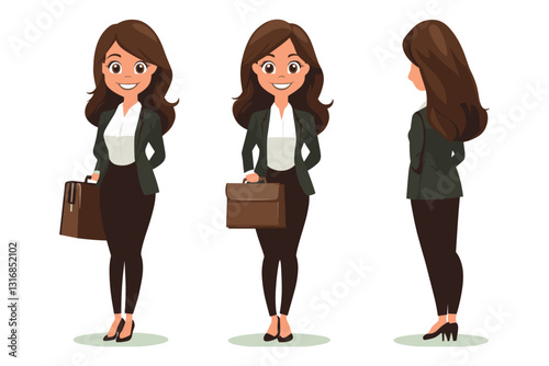 set of Business woman holding a briefcase, smiling, Flat style cartoon vector illustration