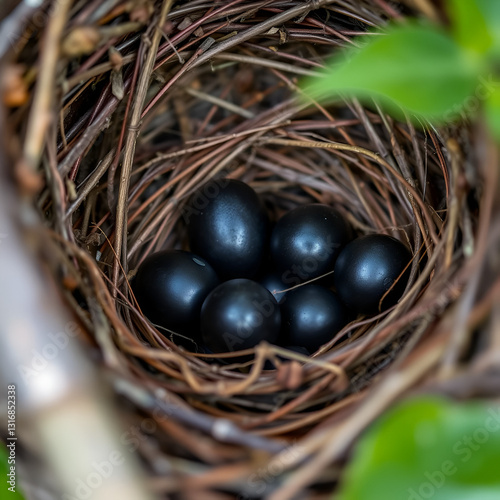 a close-up of blackbird eggs in the nest
