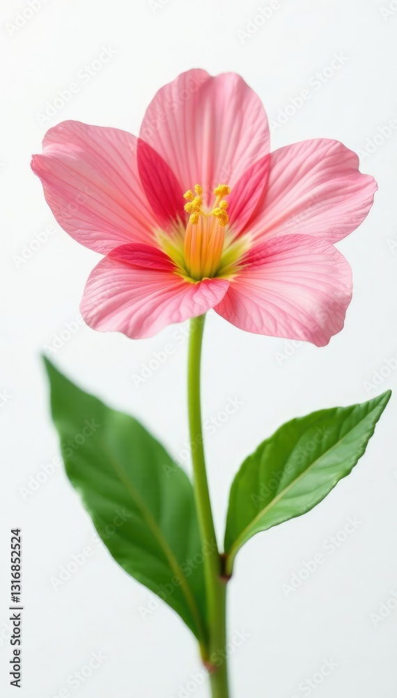 Single flower with delicate petals isolated on white background, foliage, stem Single flower with delicate petals isolated on white background, foliage, stem
