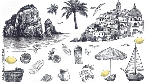 Italian amalfi or sicily summer vacation doodle style illustration set. Vector ink hand drawn Italy coast sea, beach and lemons elements. Sea weekend collection for invitations, placards, posters.