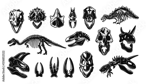 Tattoo dino skull, vector dinosaur skeleton linocut print set, reptor head, triceratops silhouette, Jurassic reptile engraving sticker, prehistoric archaeology fossil icon