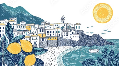 Italian amalfi or sicily summer vacation doodle style illustration set. Vector ink hand drawn Italy coast sea, beach and lemons elements. Sea weekend collection for invitations, placards, posters.