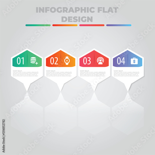 Four-step infographic, hexagonal design, grey background, process presentation