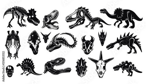 Vector Dinosaur skeleton linocut print, tattoo dino skull, prehistoric archaeology fossil icon, triceratops silhouette, reptor head, Jurassic reptile engraving, dinosaur woodcut