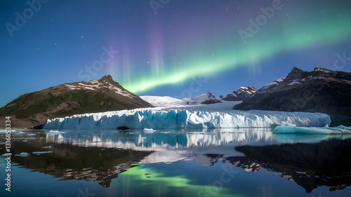 A reflective glacier under the northern lights and a sky full of distant stars.