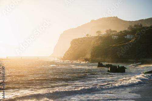 Sunset on the beach on the island of Madeira.