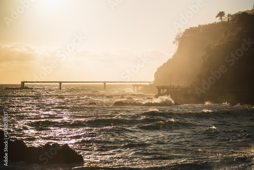 Sunset on the beach on the island of Madeira.