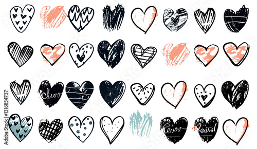 Valentine heart doodle set, hand drawn love icon collection, romantic scribble shapes, minimal grunge texture, nubes kit, vintage heart sign, holiday print, squiggle designs