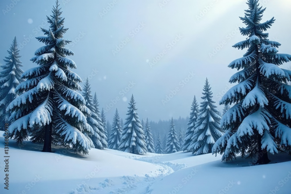 Fototapeta premium Snowflakes gently fall on towering evergreens, snow-covered trees, Frosty forest landscape, serene