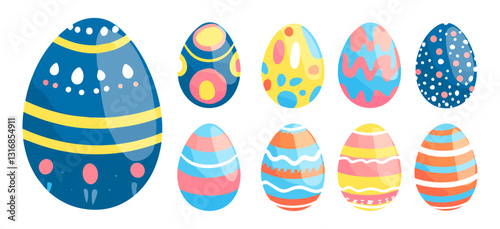 Trendy Easter eggs vector collage, colorful paper cutouts, halftone dotted texture, retro elements, mixed media design, artistic shapes, vibrant patterns, modern illustration