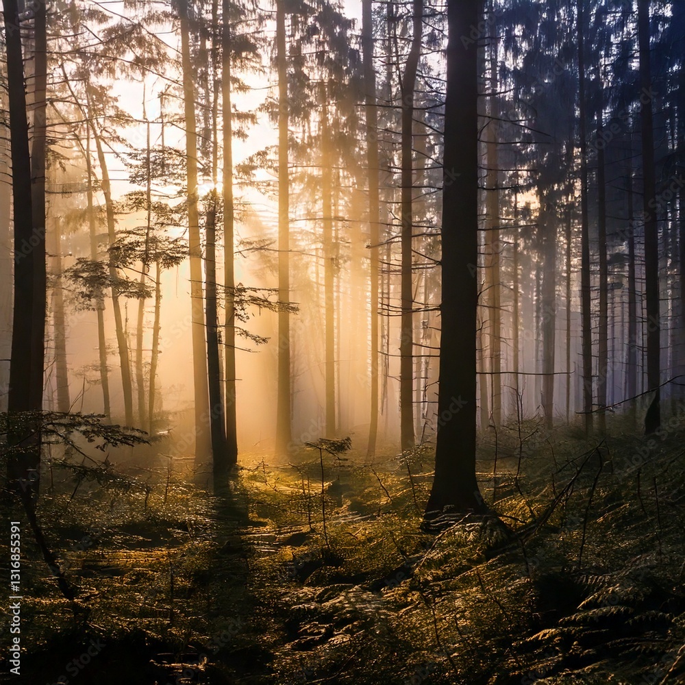 misty forest at dawn, capturing the interplay of light and shadow.- misty forest at dawn, capturing the interplay of light and shadow.-