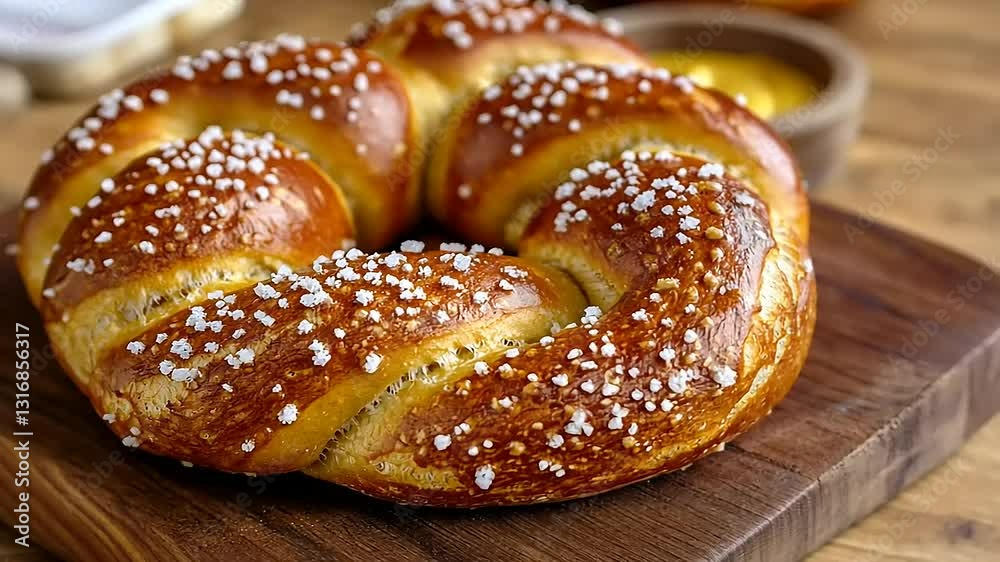 Freshly baked pretzel bread displayed on a wooden board with mustard in the background Freshly baked pretzel bread displayed on a wooden board with mustard in the background