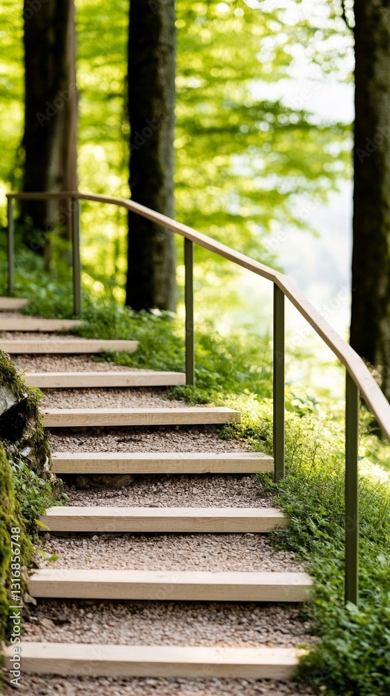 Elegant Scenic forest path with wooden steps and railings hikers climbing up toward a hidden viewpoint glowing softly under morning light Elegant Scenic forest path with wooden steps and railings hikers climbing up toward a hidden viewpoint glowing softly under morning light