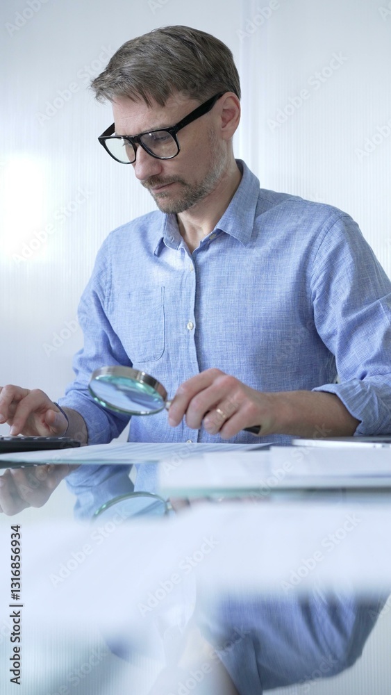 Businessman or accountant, wearing blue casual shirt and glasses, is using magnifying glass and calculator to analyze financial documents in office setting. Audit and taxes in business