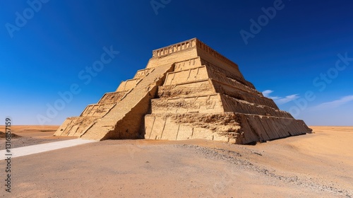 Ancient Mesopotamian Ziggurat with Clear Blue Sky and Desert Landscape