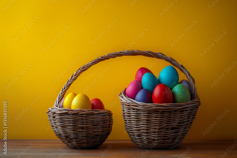 easter background with colorful eggs in a basket on a table, easter background with colorful eggs in a basket on a table,
