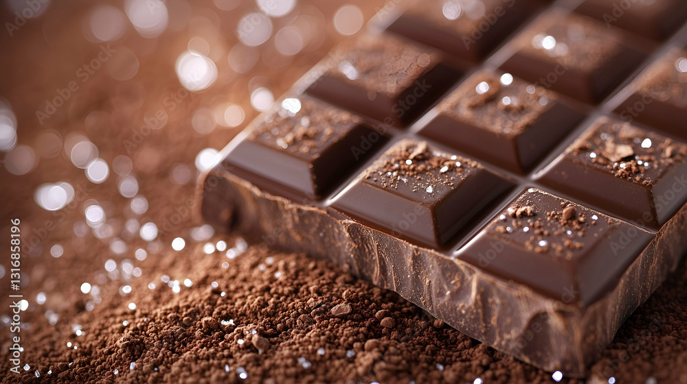Dark chocolate bar with cocoa powder