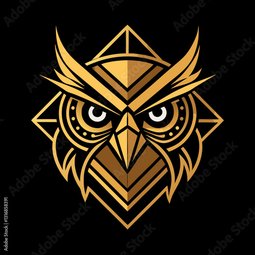 Golden Geometric Owl Logo, Tribal, Minimalist, Symmetrical, Fierce Eyes, Modern Branding