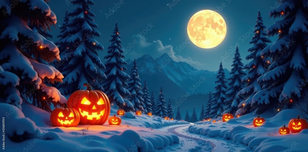 Fototapeta premium Twinkling lights and glowing jack-o-lanterns adorn snow-covered pine trees under the full moon's magical light, autumnal, pine trees