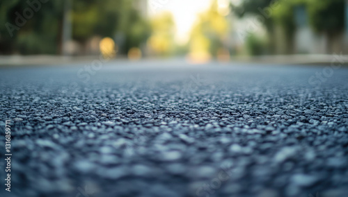 Fototapeta Naklejka Na Ścianę i Meble -  A close view of a gray asphalt road reveals textured surface details while small trees line the edges, indicating a peaceful urban area in daytime