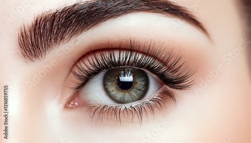 Close-up of green female eye with long eyelashes, perfectly shaped eyebrow and natural makeup showing beauty and cosmetic artistry details.