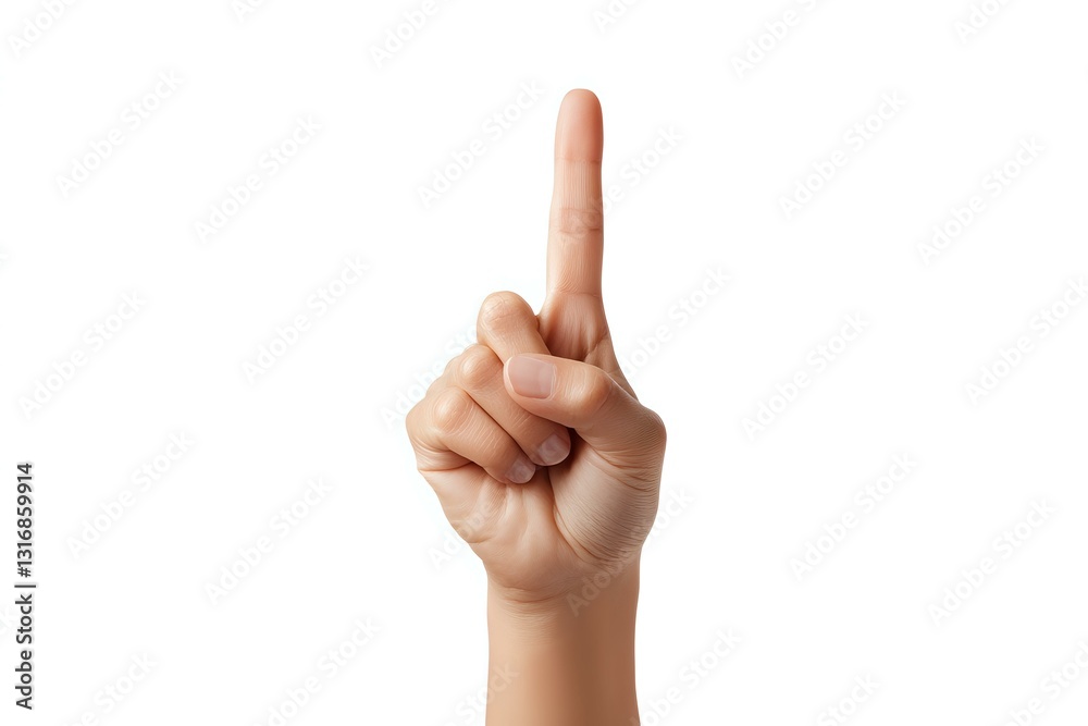 Female hand showing index finger pointing upward against white background, isolated gesture for design and commercial use. Female hand showing index finger pointing upward against white background, isolated gesture for design and commercial use.