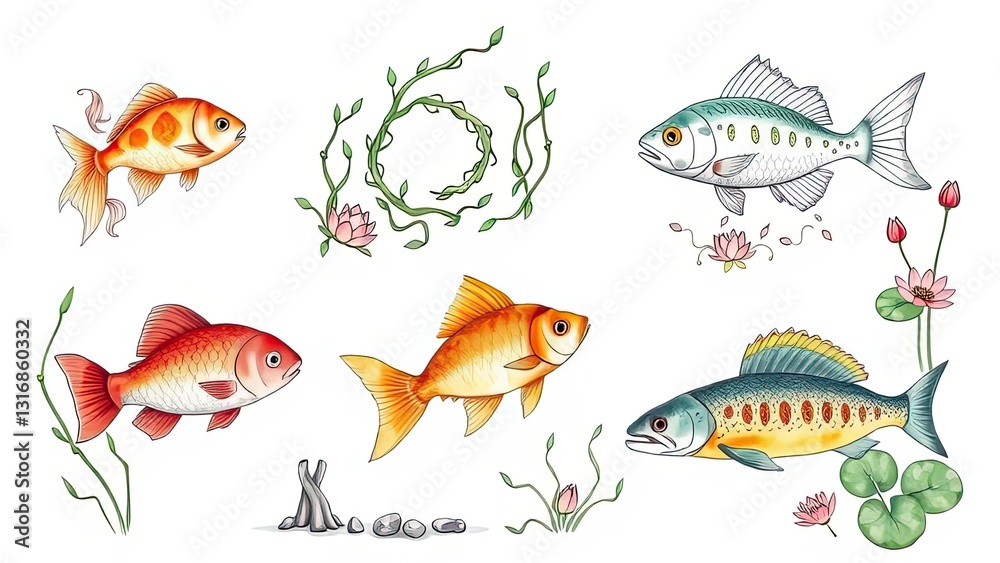 Naklejka premium Colorful Fish Illustration Aquatic Life Koi Goldfish Floral Design