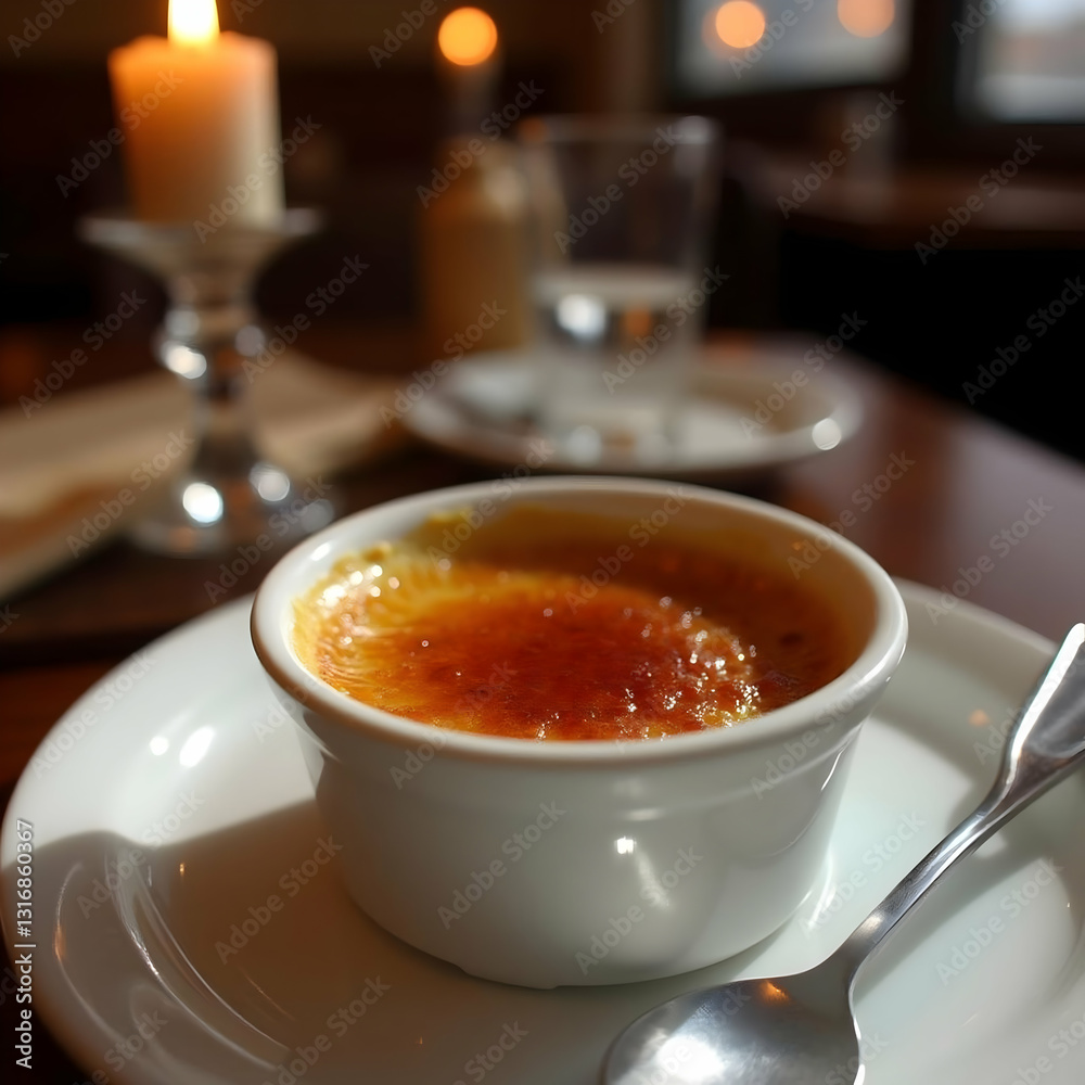 Indulgent Crème Brûlée Dessert with Golden Caramelized Sugar Top Served in White Ramekin with Silver Spoon on Wooden Table in a Cozy Romantic Setting with Soft Focus Lighting Indulgent Crème Brûlée Dessert with Golden Caramelized Sugar Top Served in White Ramekin with Silver Spoon on Wooden Table in a Cozy Romantic Setting with Soft Focus Lighting